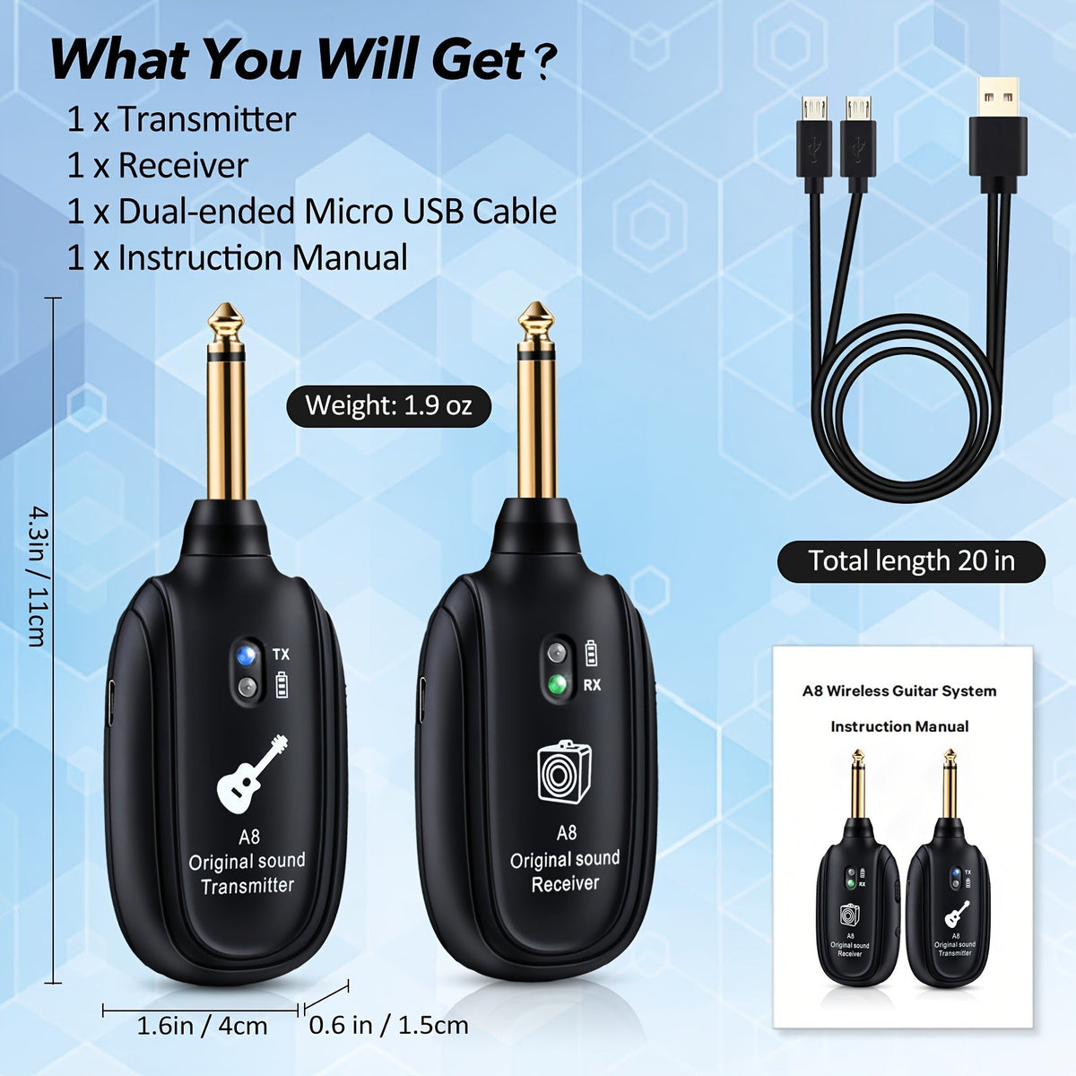 Système sans fil pour guitare A8 avec émetteur et récepteur rechargeables intégrés – Audio stéréo, chargement USB, compatible avec guitare électrique, basse et violon, fonctionne avec les amplificateurs