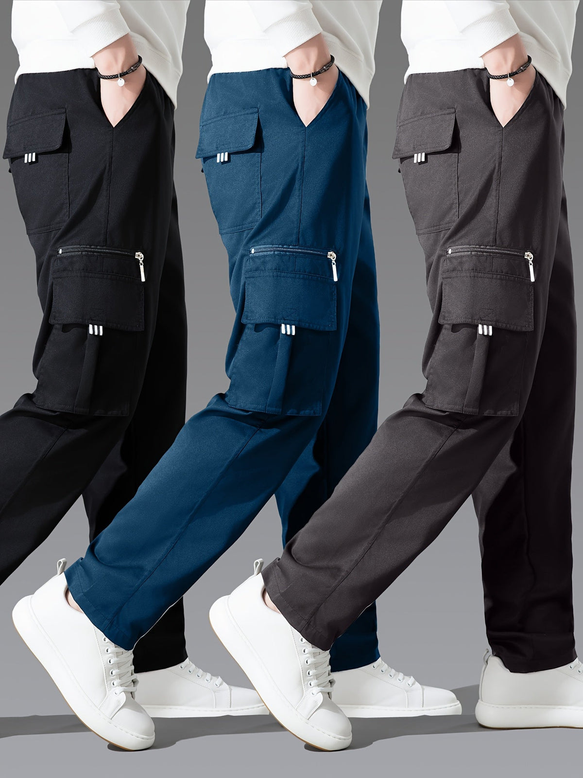 Lot de 3 pantalons cargo pour homme, coupe droite multipoches – Pantalon de randonnée en polyester tissé uni pour le printemps et l'automne, tailles S à XXXL, 9 combinaisons de couleurs