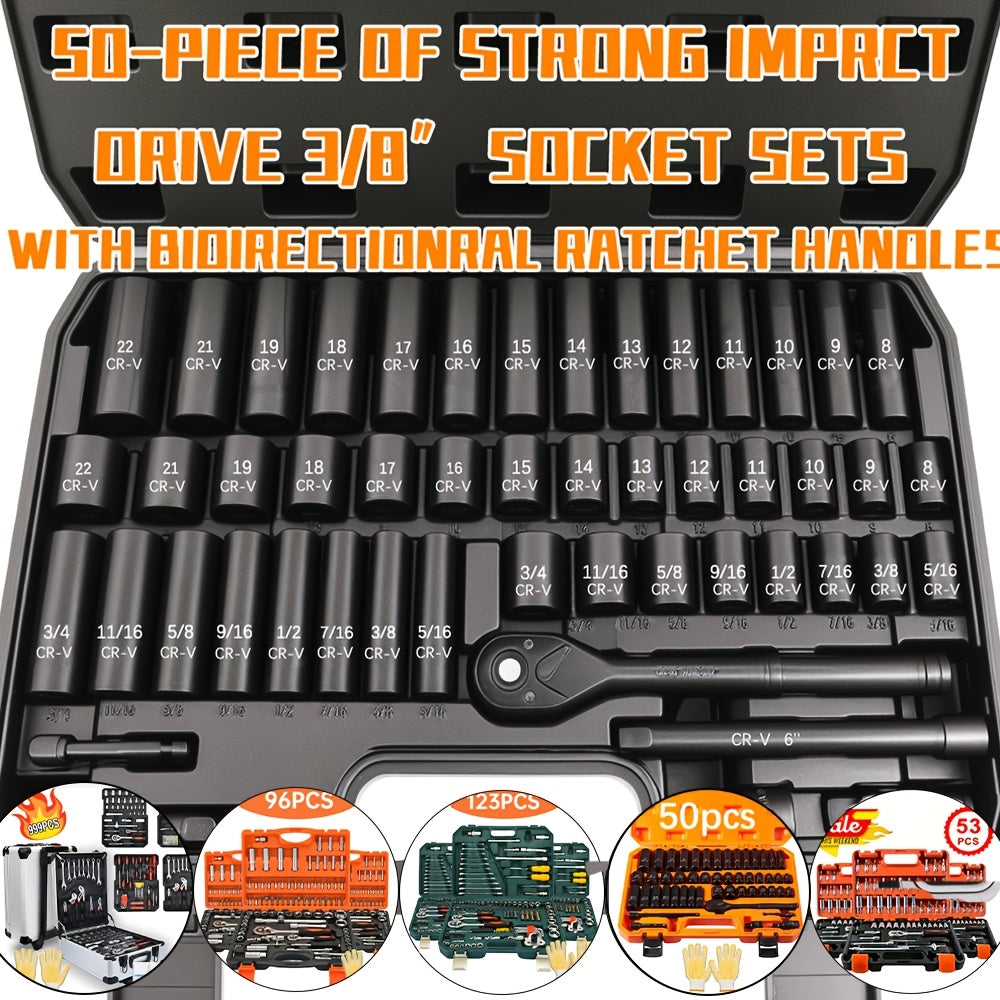 Jeu de douilles à chocs entraînement 3/8" en acier CR-V – Kit de cliquet de 50 à 999 pièces avec adaptateur, tailles SAE et métriques courantes pour la réparation automobile, les projets de bricolage et les mécaniciens professionnels