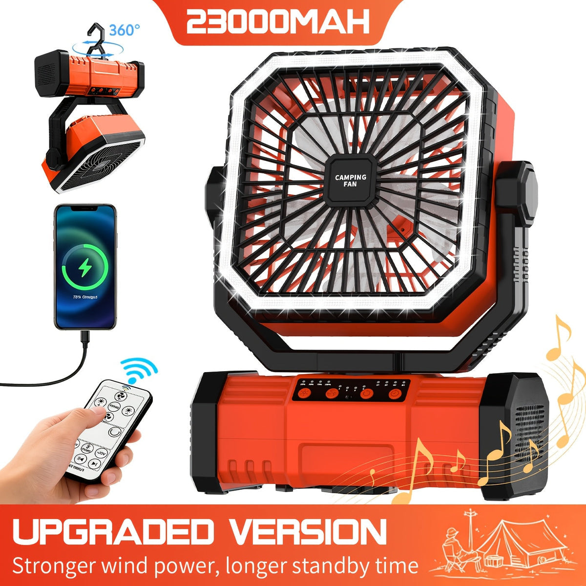 Ventilateur de camping portable 20 000 mAh avec télécommande, lumières LED, 4 vitesses et rotation à 360° – Ventilateur oscillant rechargeable sur batterie pour camping en plein air, camping-car et voyage
