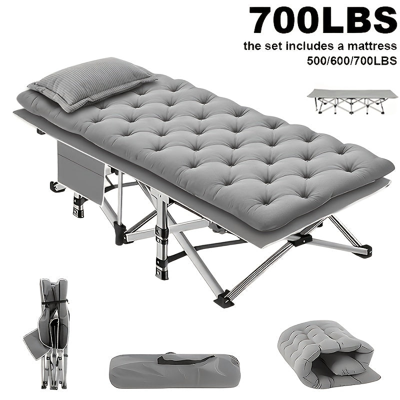 Lit de camp pliant portatif pour adultes - Tissu Oxford double épaisseur, très résistant 225/270/320 kg, lit de camping extérieur pliable avec sac de transport pour la plage, la sieste, les voyages, noir et gris