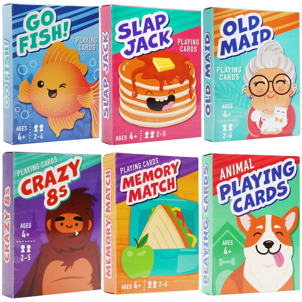 Jeu de 6 cartes pour enfants avec 6 paquets – Pêche, Pouilleux, Huit Américain, Mémo, Slap Jack et cartes Animaux | Soirée jeux en famille à partir de 4 ans, cadeau d'anniversaire et de Noël, cadeau de Noël
