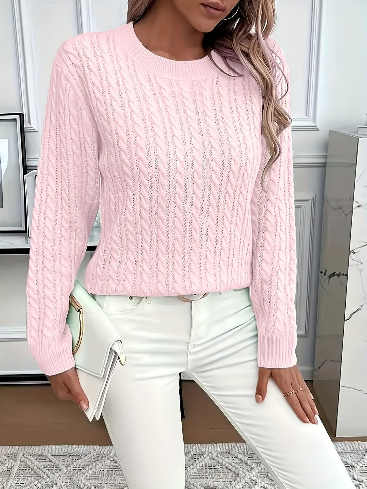 Pull-over pour femme à col rond – Haut en tricot doux de couleur unie pour tenue décontractée et habillée, essentiel de superposition toutes saisons, bleu ciel, tailles XS-XXL