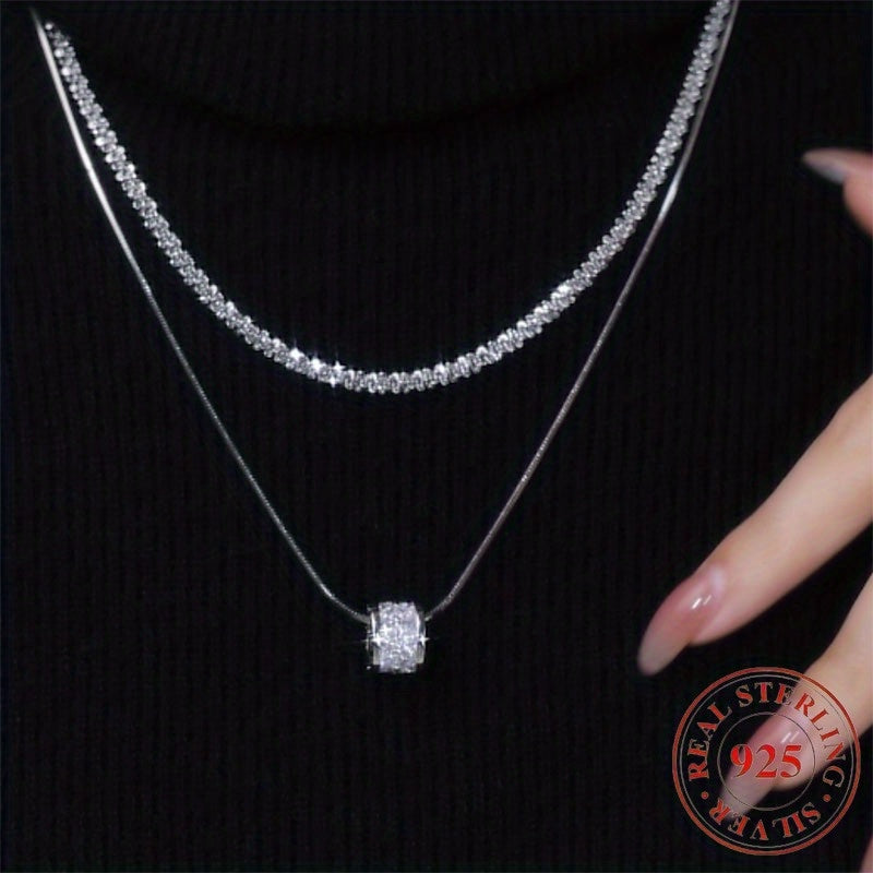 Collier double rang en argent sterling S925 pour femme, élégante chaîne de pull en zircon cubique, bijou minimaliste et tendance pour le quotidien et pour offrir, toutes saisons