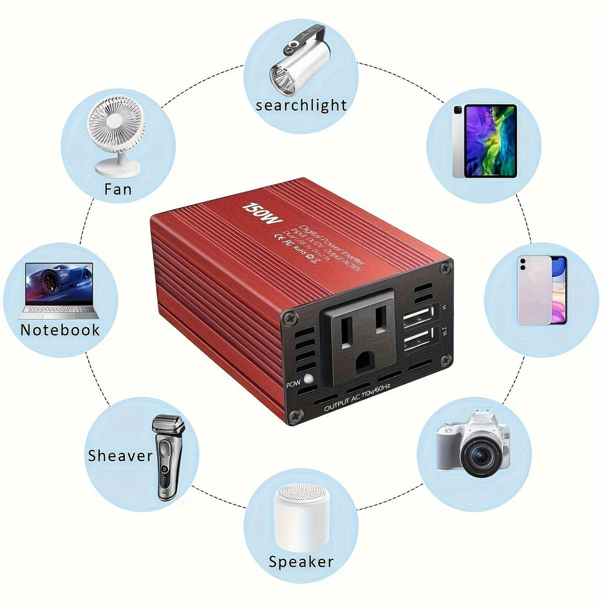 Convertisseur de tension pour voiture 150 W, 12 V CC à 110 V CA avec double port USB 3,1 A – Adaptateur secteur pour ordinateur portable, téléphone, tablette, essentiel pour les trajets en voiture