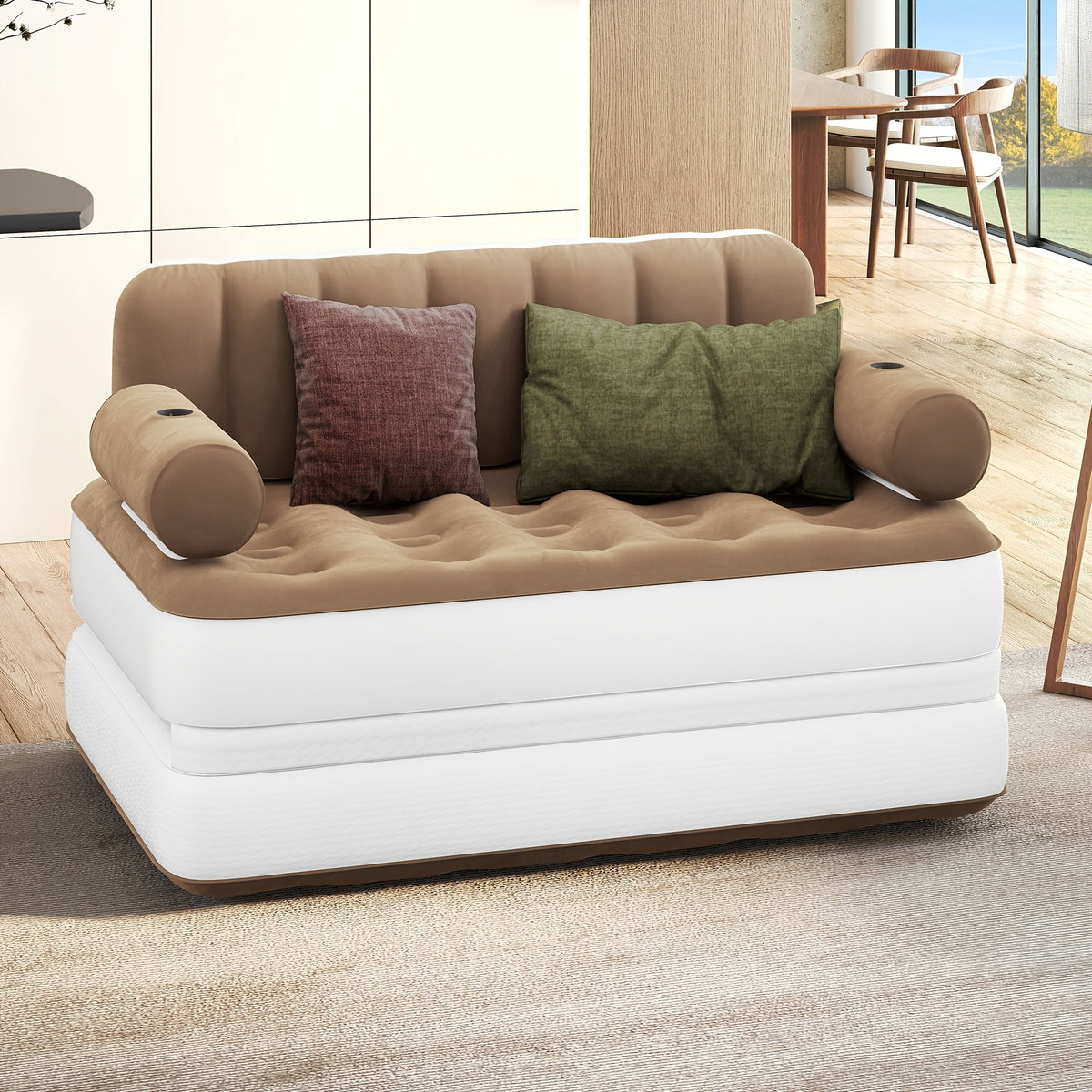 Canapé-lit gonflable 2-en-1 taille Queen – Canapé et matelas pneumatique portables avec tête de lit, porte-gobelets, pompe externe et sac de rangement, capacité de 200 kg pour la maison, le camping et les invités