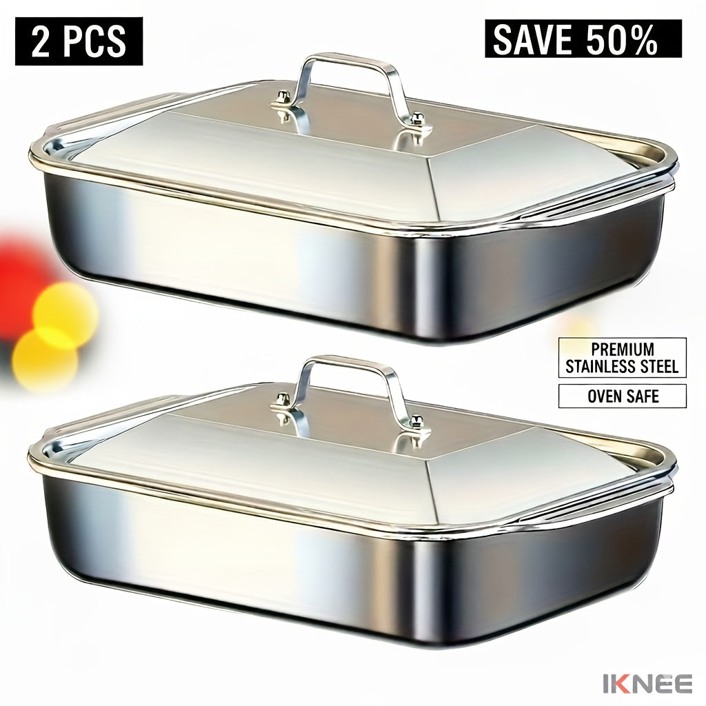 Ensemble de 4 plats de cuisson en acier inoxydable – 2 plats à rôtir profonds et 2 plats avec couvercle et poignées, plat rectangulaire de 6 litres et 41 cm pour dinde, lasagnes, poisson et poulet, compatible lave-vaisselle