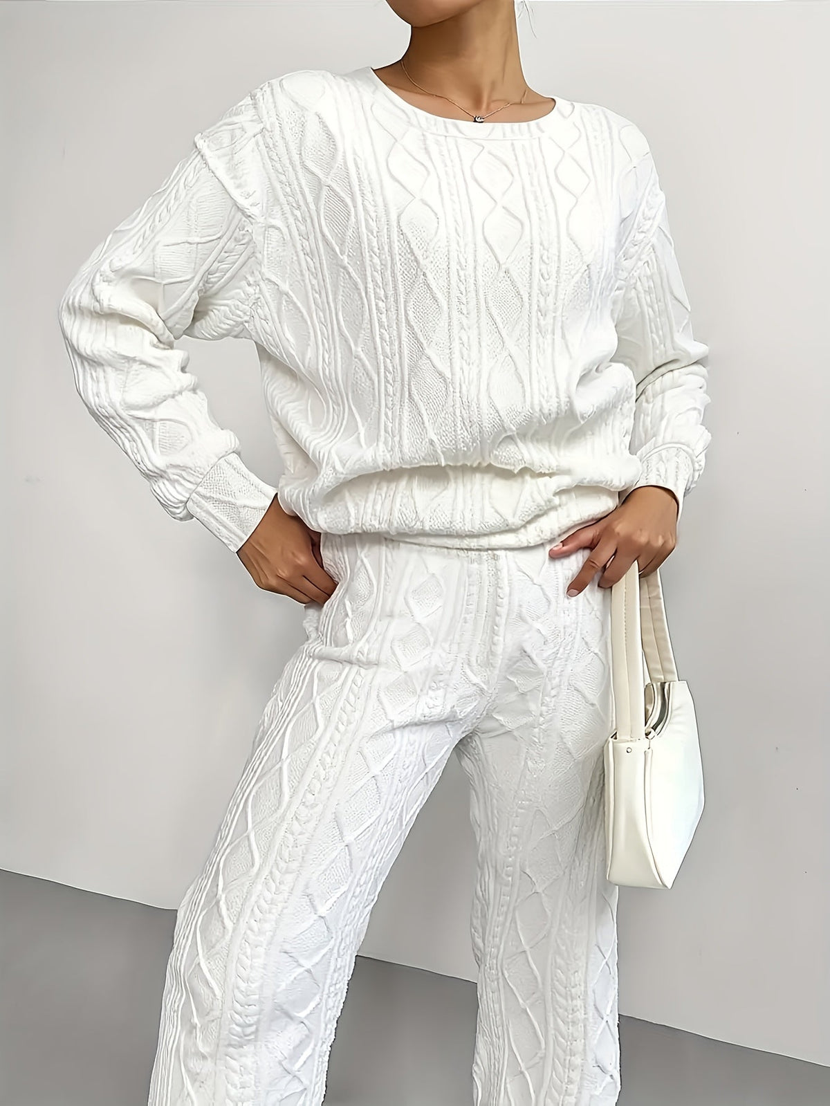 Ensemble survêtement 2 pièces pour femme – Haut à manches longues et col rond en jacquard texturé et pantalon de jogging, tenue de détente décontractée et respirante pour le printemps et l'été S-XXL