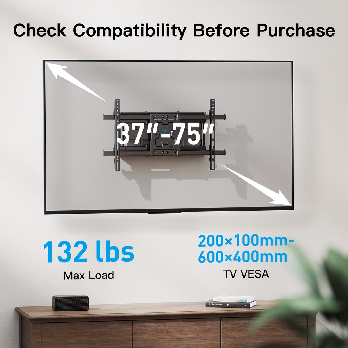 Support mural articulé pour TV 37-75 pouces, double bras, pivotant, inclinable, rotatif, VESA 600x400mm, capacité 60 kg, pour téléviseurs OLED/LCD/LED plats et incurvés, extension de 61 cm