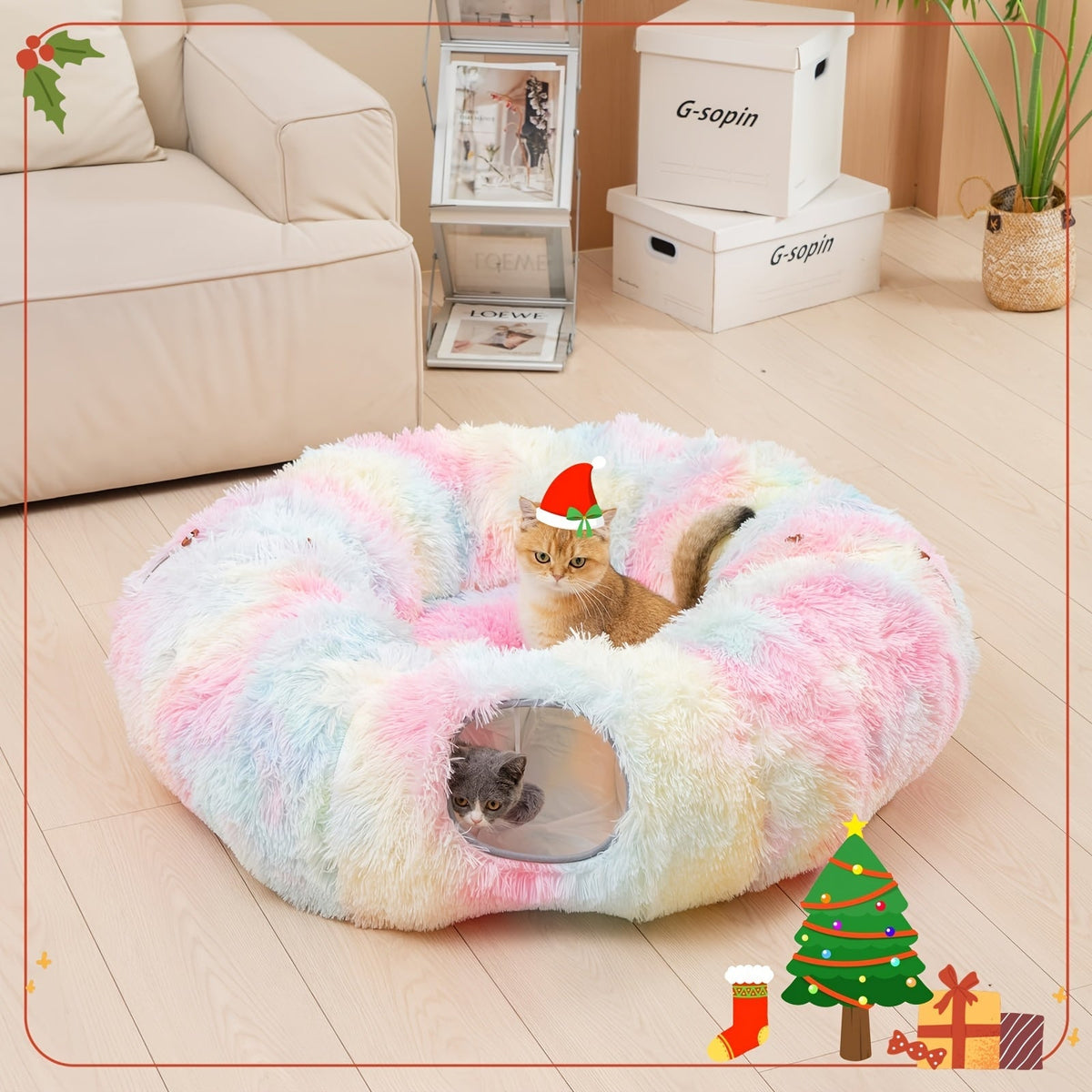 Tunnel pour chat avec lit et trou d'observation – Jouet d'intérieur en peluche douce, cachette multifonctionnelle et parc d'attractions pour chats, chatons et lapins, inclut un foulard pour animal de compagnie, tailles petit, moyen et grand