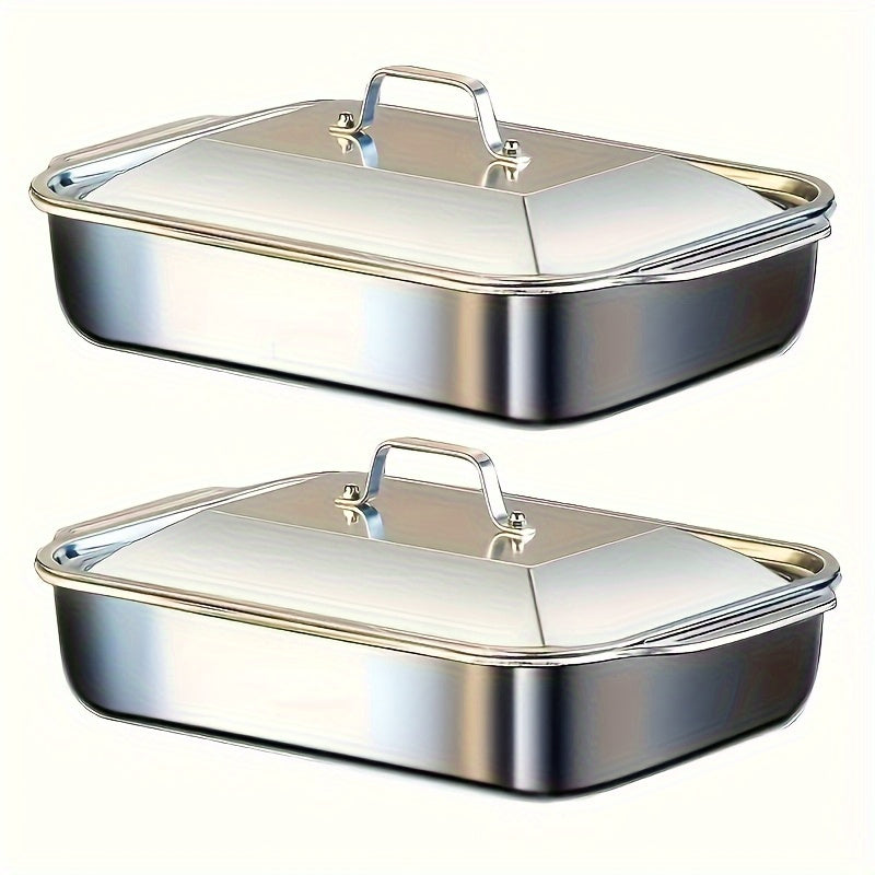 Ensemble de 4 plats de cuisson en acier inoxydable – 2 plats à rôtir profonds et 2 plats avec couvercle et poignées, plat rectangulaire de 6 litres et 41 cm pour dinde, lasagnes, poisson et poulet, compatible lave-vaisselle