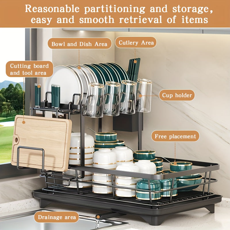 Égouttoir à vaisselle en métal à 2 niveaux avec porte-couverts, porte-gobelets et plateau d'égouttage antirouille – Égouttoir compact pour plan de travail de cuisine, égouttoir en acier durable pour tous types de surfaces