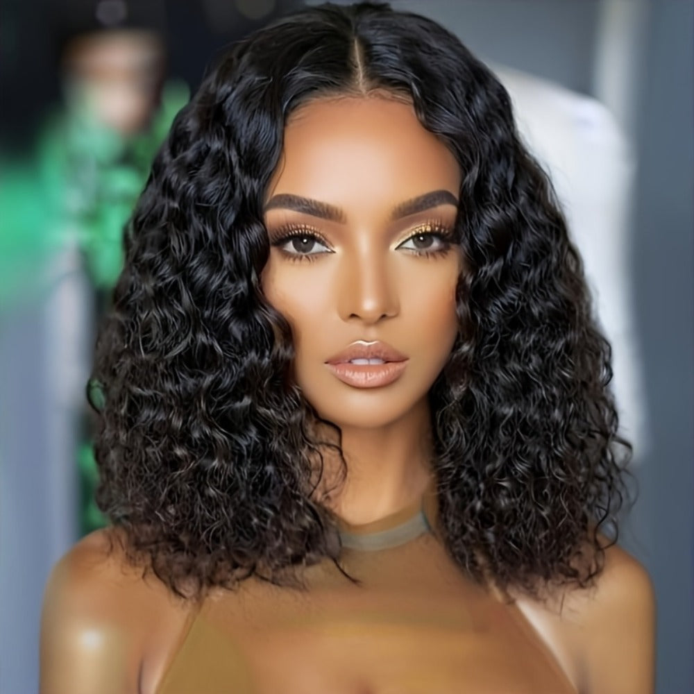Perruque courte bouclée brésilienne sans colle pour femme – Cheveux synthétiques à ondulations profondes, cuir chevelu naturel, bonnet respirant, beige clair, aucune adhérence nécessaire pour le quotidien et les fêtes