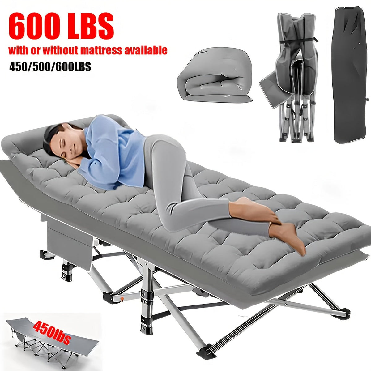 Lit de camp robuste de 190 cm – Lit pliant extra large avec matelas rabattable en option et sac de transport, capacité de 204/227/272 kg, lit d'appoint pliable et portable pour le camping en plein air pour adultes