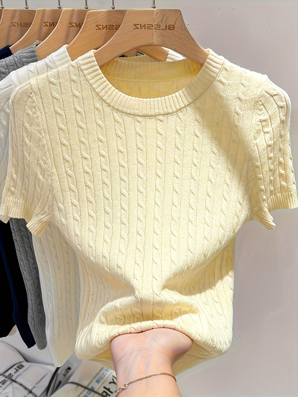 Pull femme en jacquard à manches courtes, chic, tricot torsadé, col rond, ourlet et poignets côtelés, léger, viscose, printemps-été, décontracté, S M L XL XXL