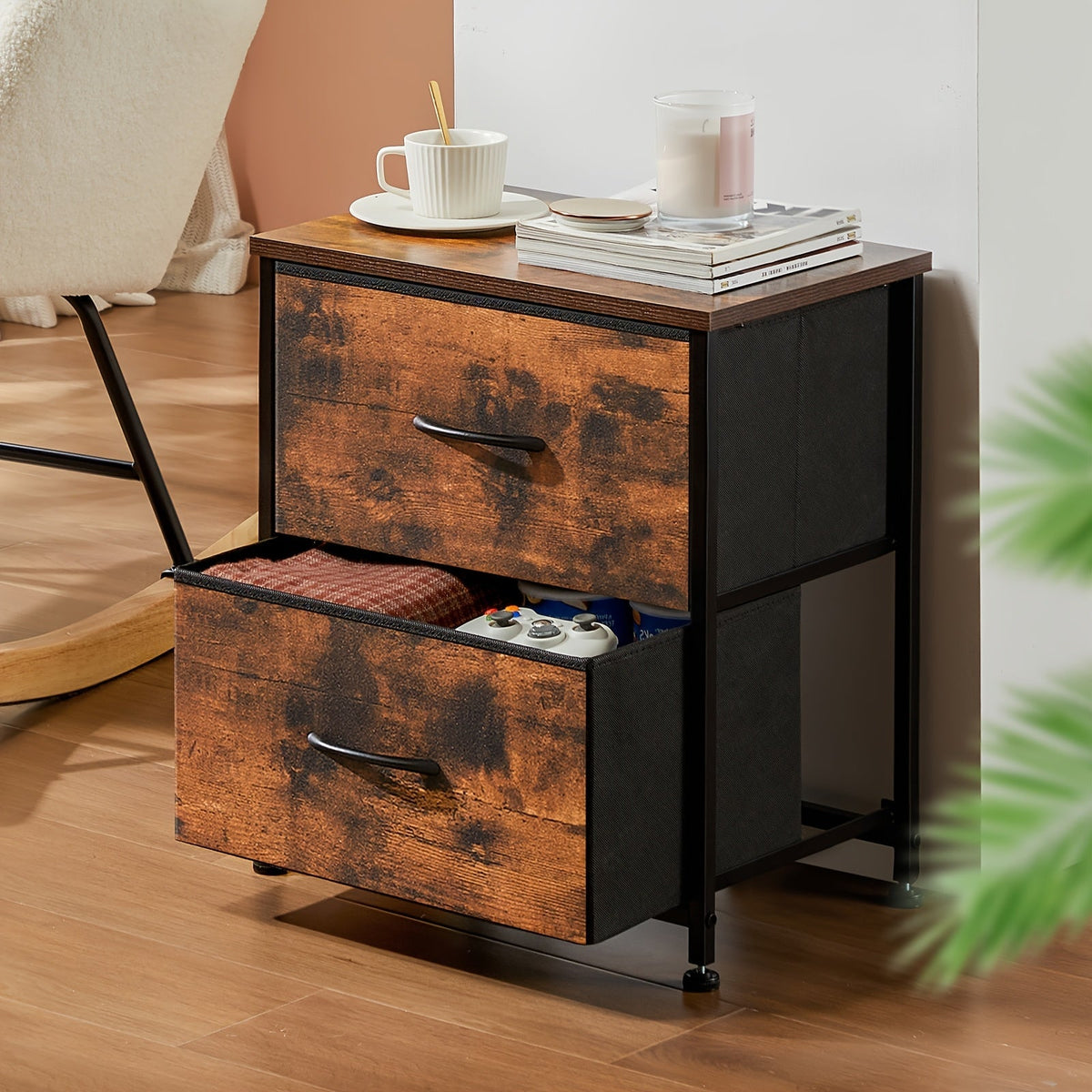 Meuble à tiroirs avec cadre en métal et dessus en bois massif – Organisateur de rangement pour bureau à domicile, 2 à 10 tiroirs, assemblage requis – Blanc, gris, noir, brun rustique – Caisson de rangement pour chambre, salon et bureau