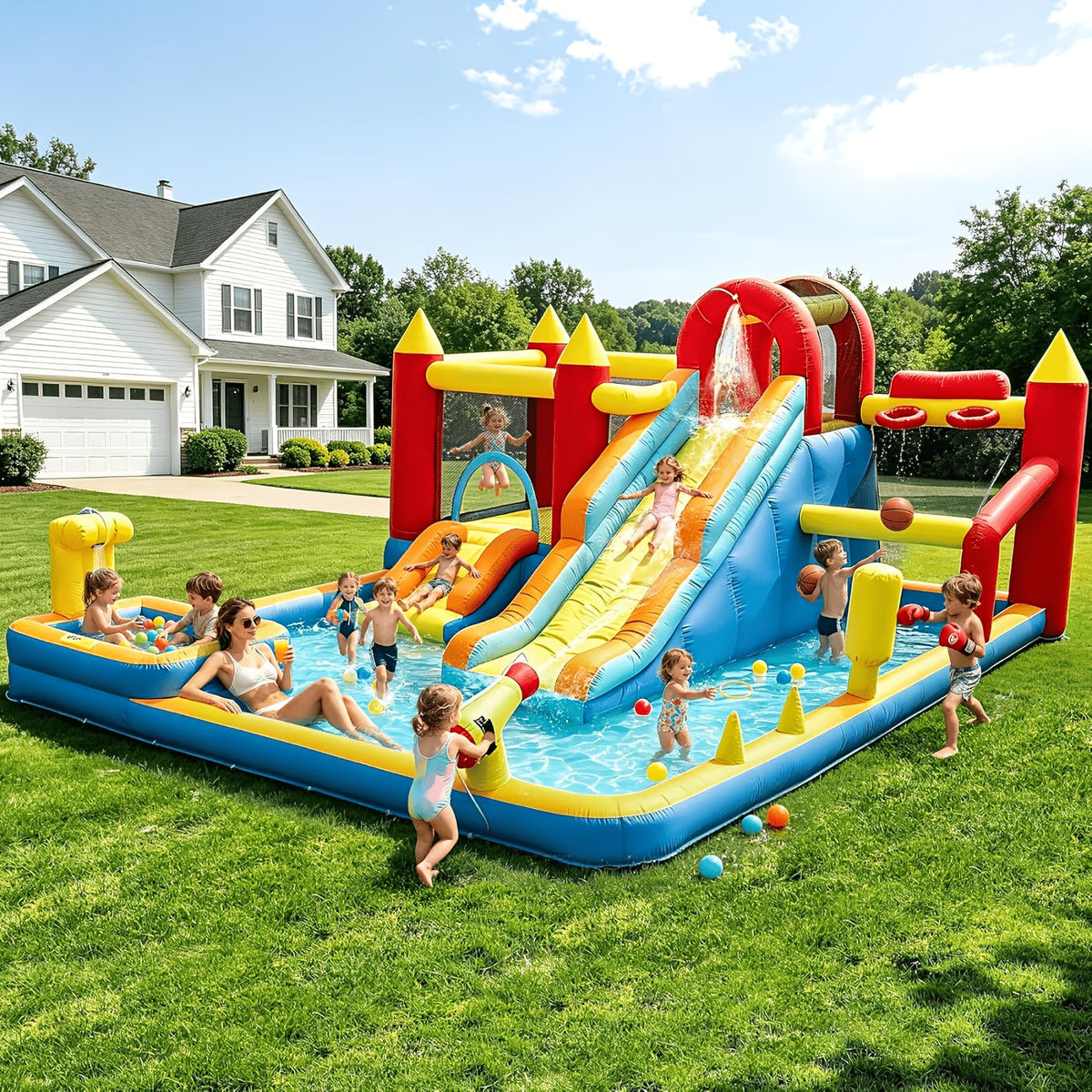 Château gonflable aquatique 13-en-1 avec souffleur 550W, double toboggan, pataugeoire, canon à eau, mur d'escalade, panier de basket, jeux de pêche et de lancer d'anneaux - Parc aquatique pour enfants pour le jardin, idéal pour l'été