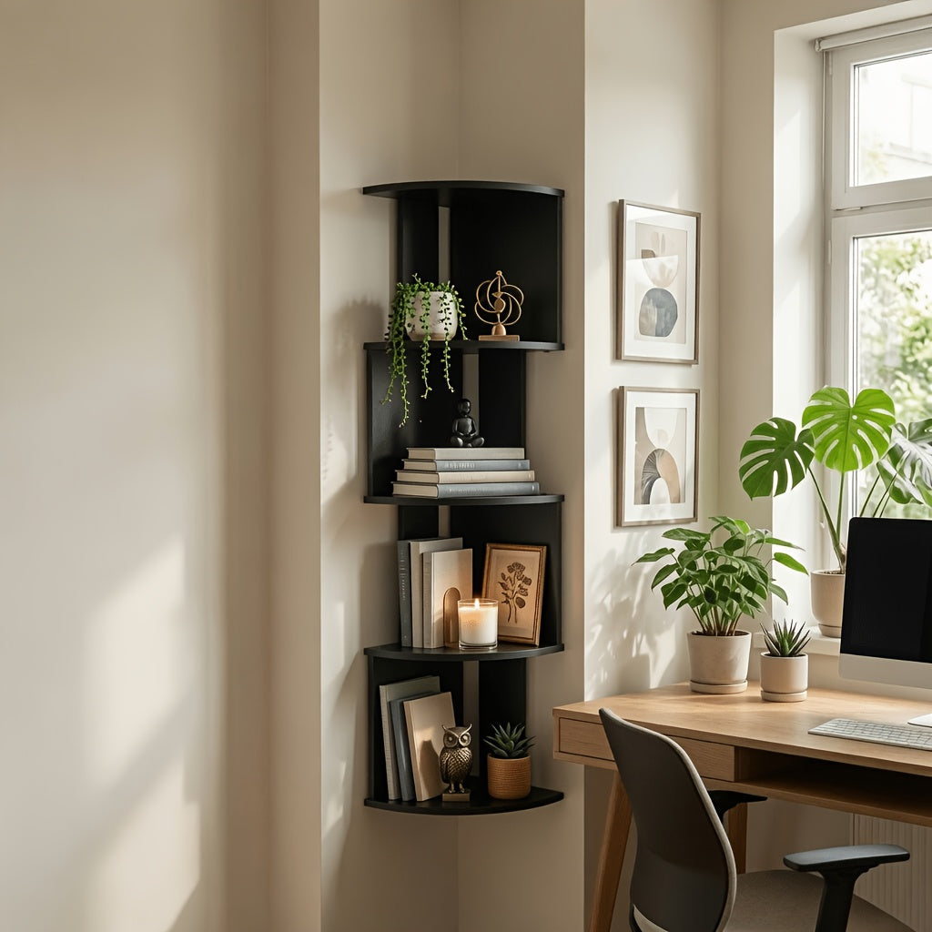 Étagère d'angle murale à 5 niveaux – Bibliothèque flottante et étagère de rangement pour salon, chambre et cuisine, séparateur d'angle gain de place, 5 styles disponibles