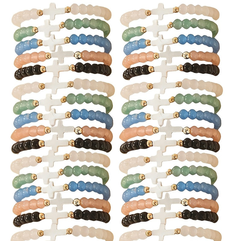 Lot de 24 bracelets élastiques bohèmes à breloques croix – Bracelets extensibles colorés avec breloques croix en résine et verre, lot en gros pour le quotidien, les vacances, les fêtes et les cadeaux de fin d'année