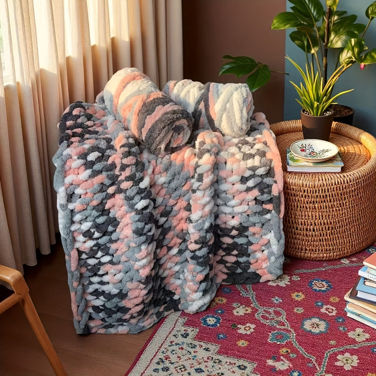 Fil chenille épais, 2 écheveaux de 500 g, laine pour tricot et crochet, rayé multicolore, polyester doux, extra épais, pelucheux, cadeau DIY pour femmes et hommes