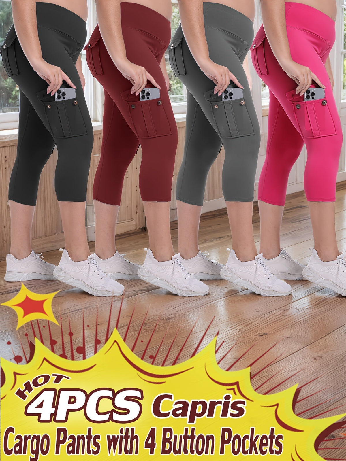 Lot de 4 pantalons de yoga Capri taille haute pour femmes, extensible dans les 4 sens, galbant, gainant, 4 poches - Leggings de sport pour la course, S-XXL, toutes saisons