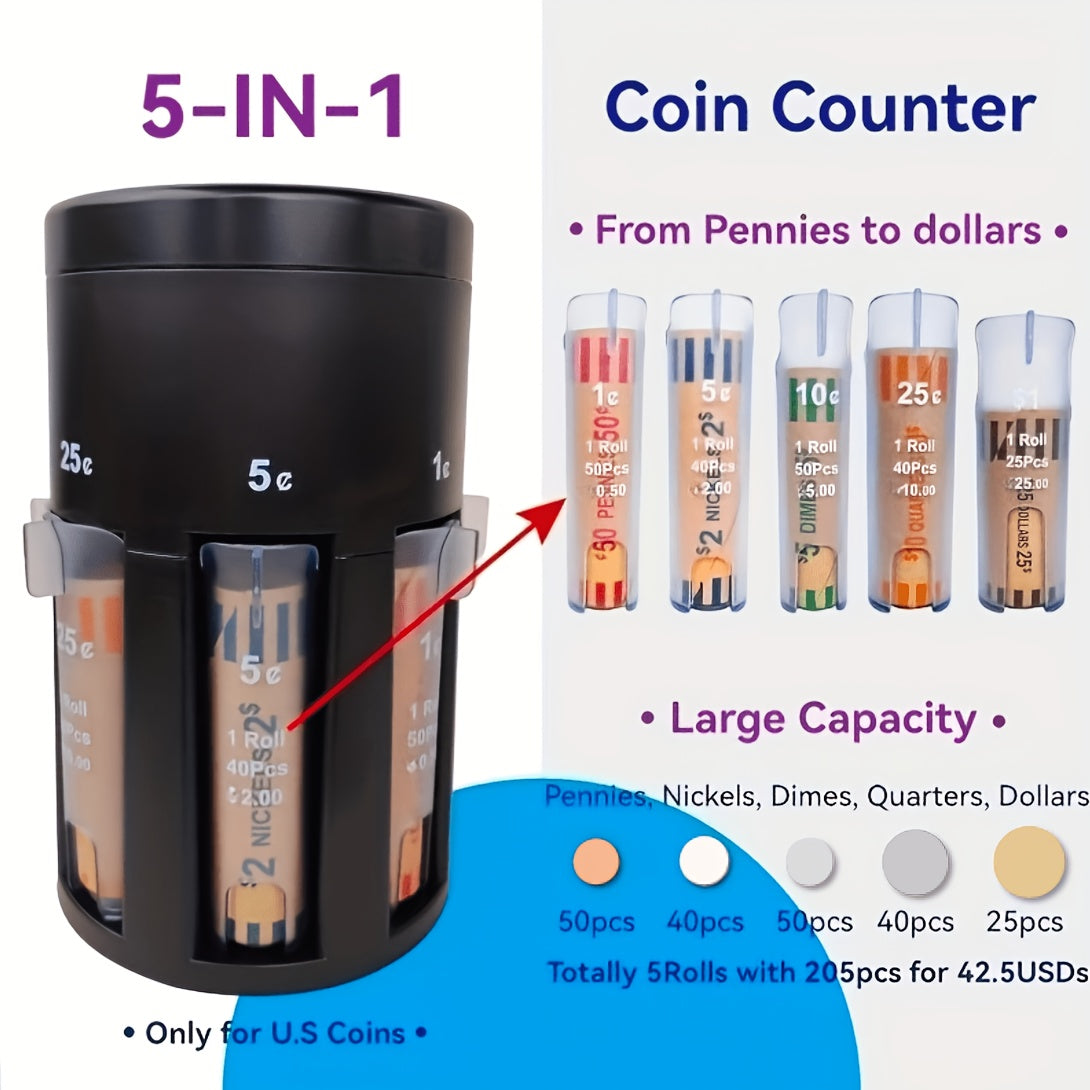 Compteuse et trieuse de pièces 5-en-1 avec base rotative, organisateur de monnaie américaine, trie les pennies, nickels, dimes et quarters pour la maison, le bureau, la banque ou la tirelire