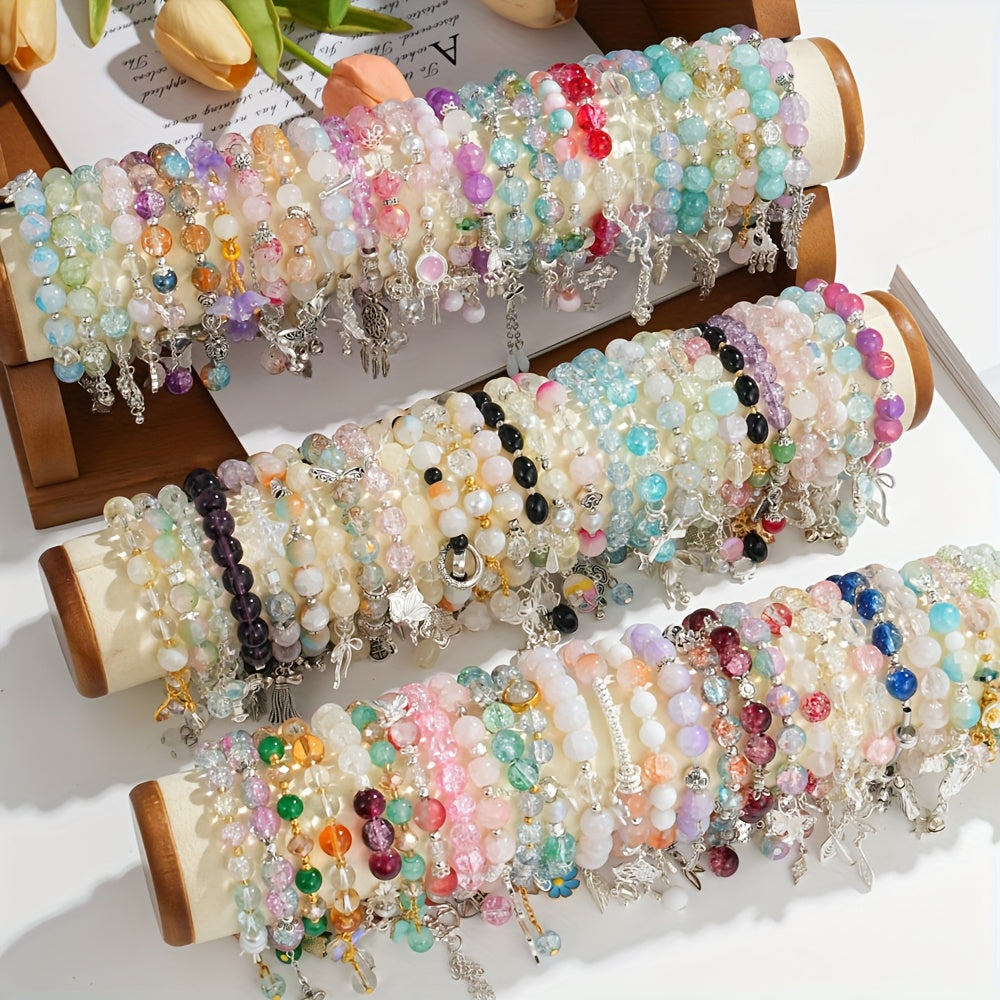 Ensemble de 30 bracelets de perles en verre pour femme, bracelets extensibles empilables avec breloques papillon, fleurs, cœurs et étoiles, multicolores - Coffret cadeau de bijoux bohèmes pour la Saint-Valentin, un anniversaire ou une fête
