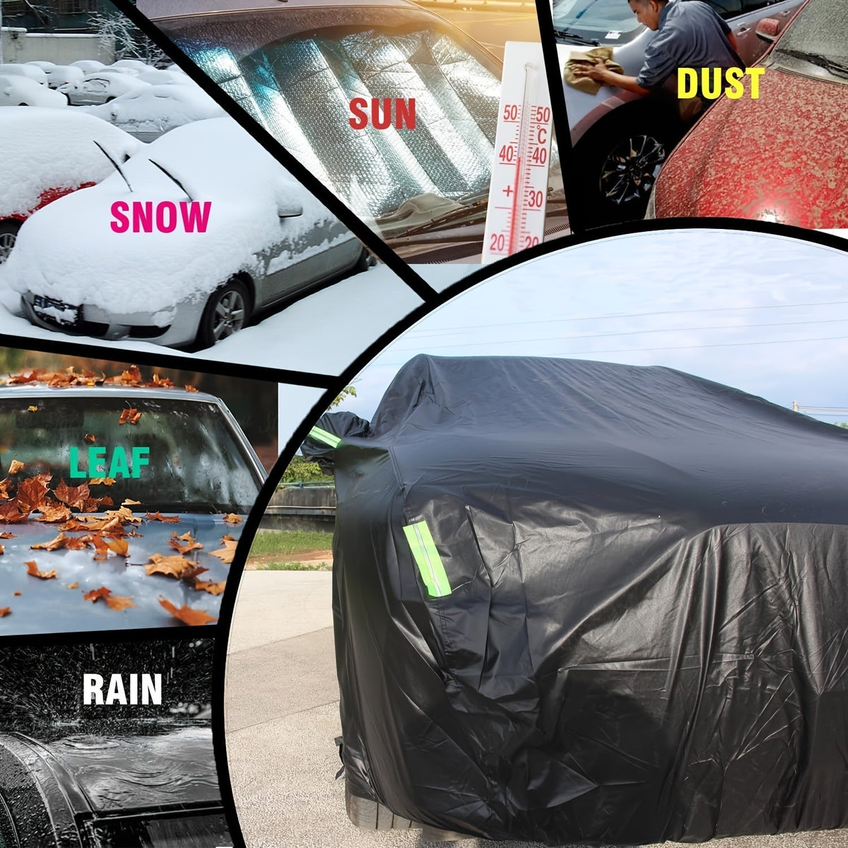 Housse de protection imperméable pour berline et SUV – Protection UV toutes saisons, bouclier contre la pluie, la neige et la poussière, tissu Oxford 190T épais, convient aux voitures de 465 à 549 cm, sac de rangement inclus – Noir