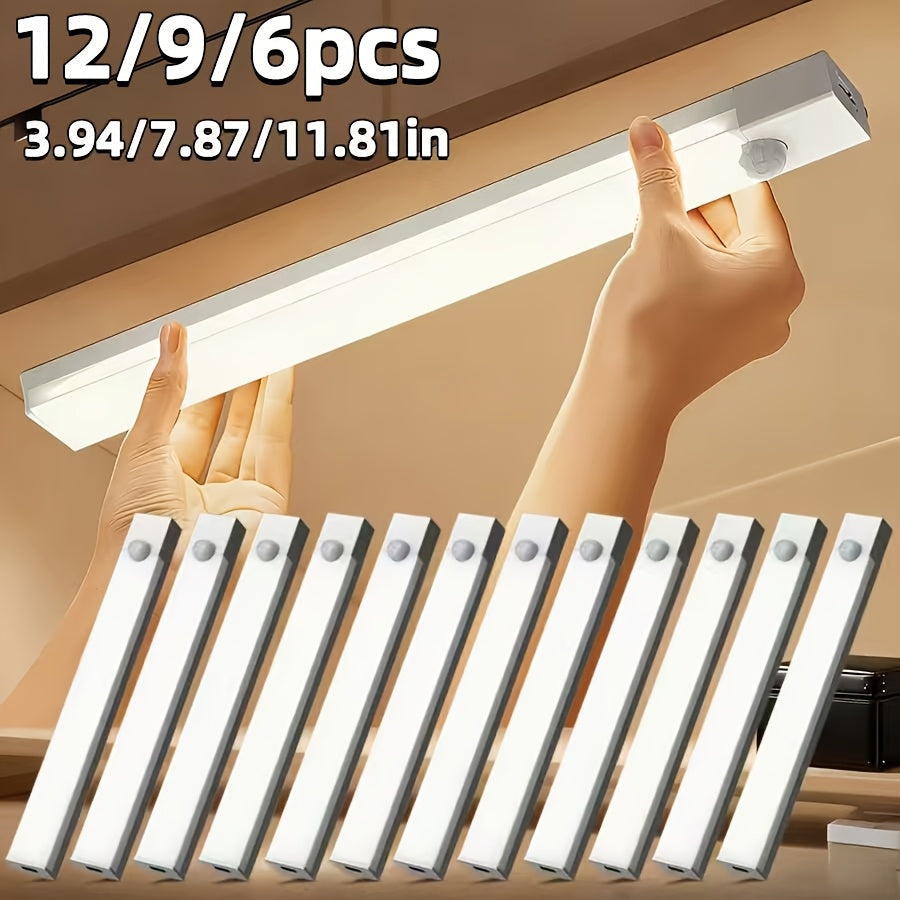Lampes d'armoire à détecteur de mouvement LED rechargeables par USB, 6, 9, 12 pièces, veilleuse sans fil, 3 modes réglables pour chambre, escalier, cuisine, placard, sous armoire, lecture au chevet, couloir, éclairage domestique