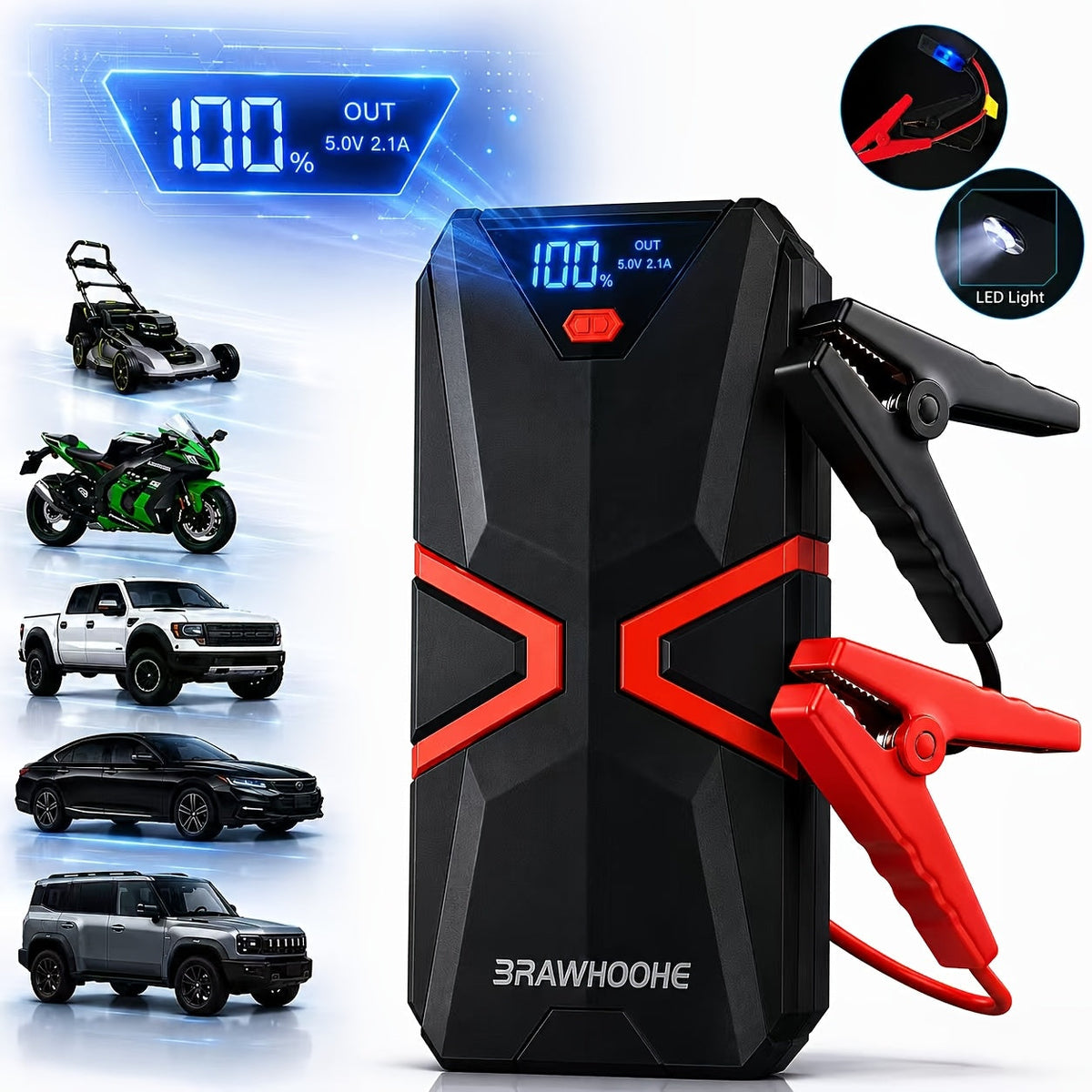 Démarreur de voiture 3000A 9-en-1 avec gonfleur de pneus intégré, ports USB et lampe de secours LED – Booster de batterie portable sans fil 12V pour voitures, camions et SUV – Outil d'urgence routière – Velora