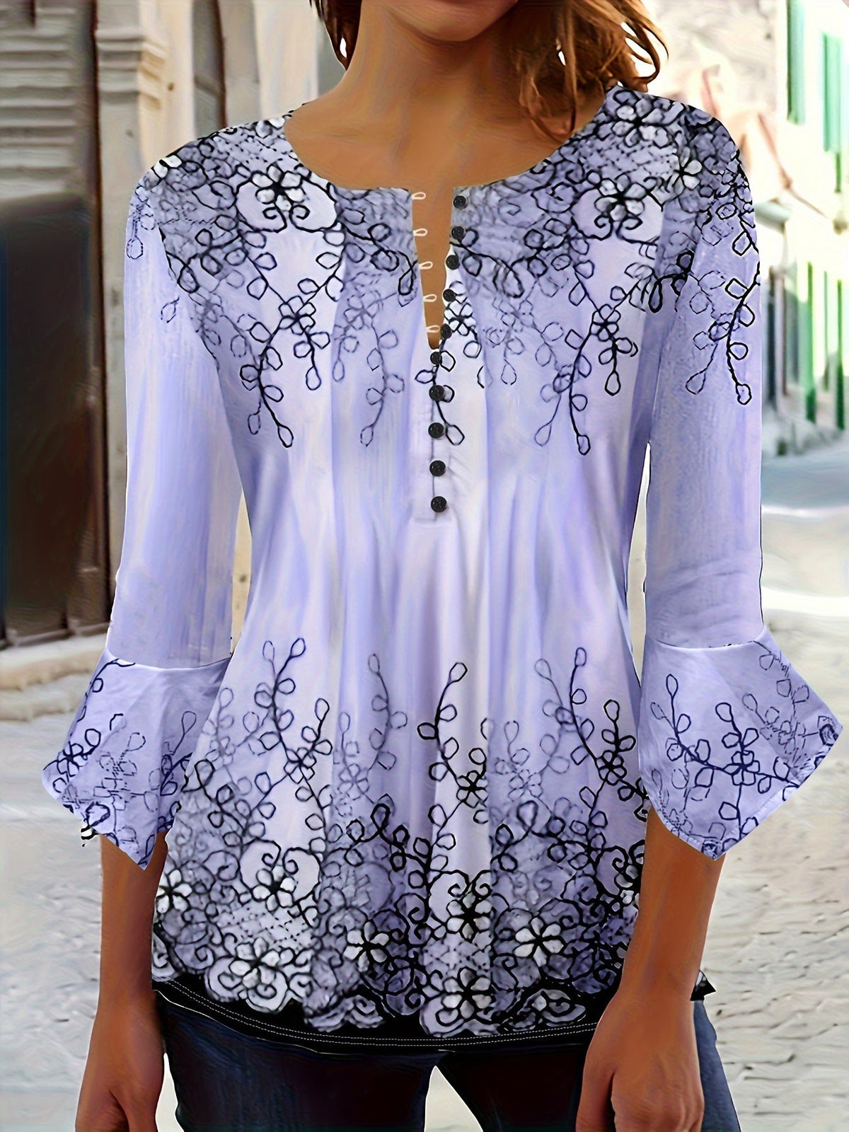 Chemisier boutonné à motif floral pour femme, haut tunique décontracté à manches évasées et volants, tissu en maille extensible doux, printemps, été, automne, S-XXL, lavable en machine