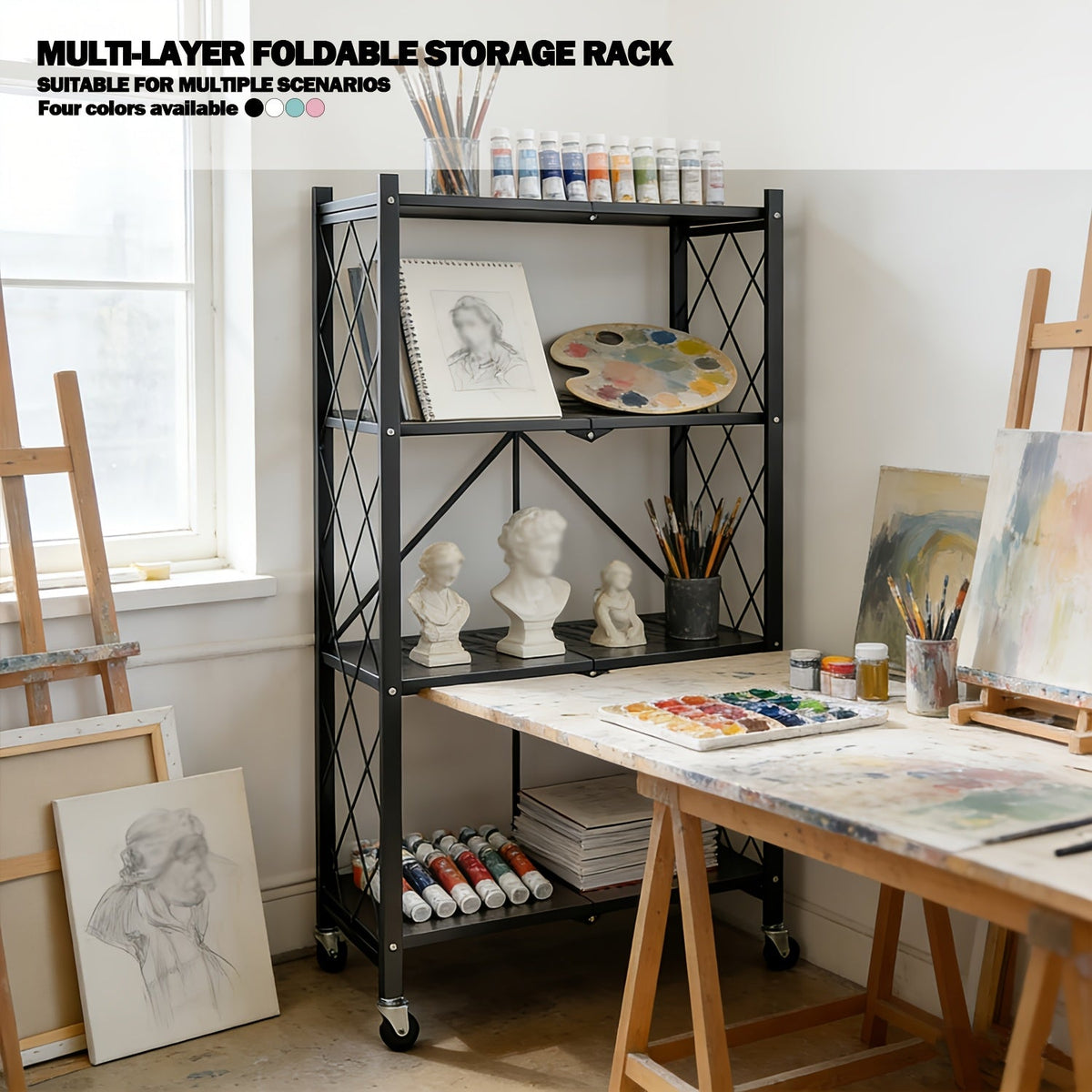 Heavy Duty Folding Storage Rack with Wheels β 3/4/5-Tier Portable Floor-Standing Shelf, No Assembly Required, for Home, Office, Bedroom & Dorm, 4 Colors Available