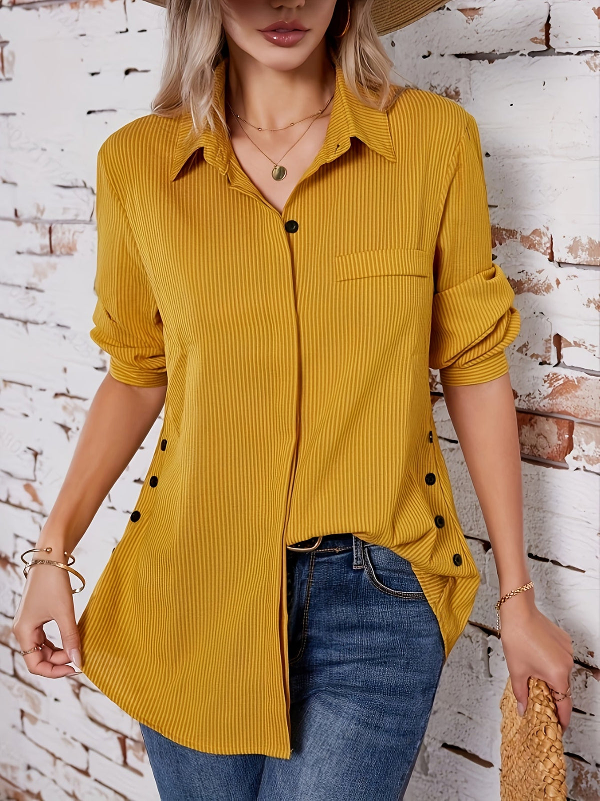 Chemise boutonnée à manches longues rayées pour femme, col à revers, fausse poche, chemisier ample décontracté, jaune, vert olive, printemps, automne, S, M, L, XL, XXL