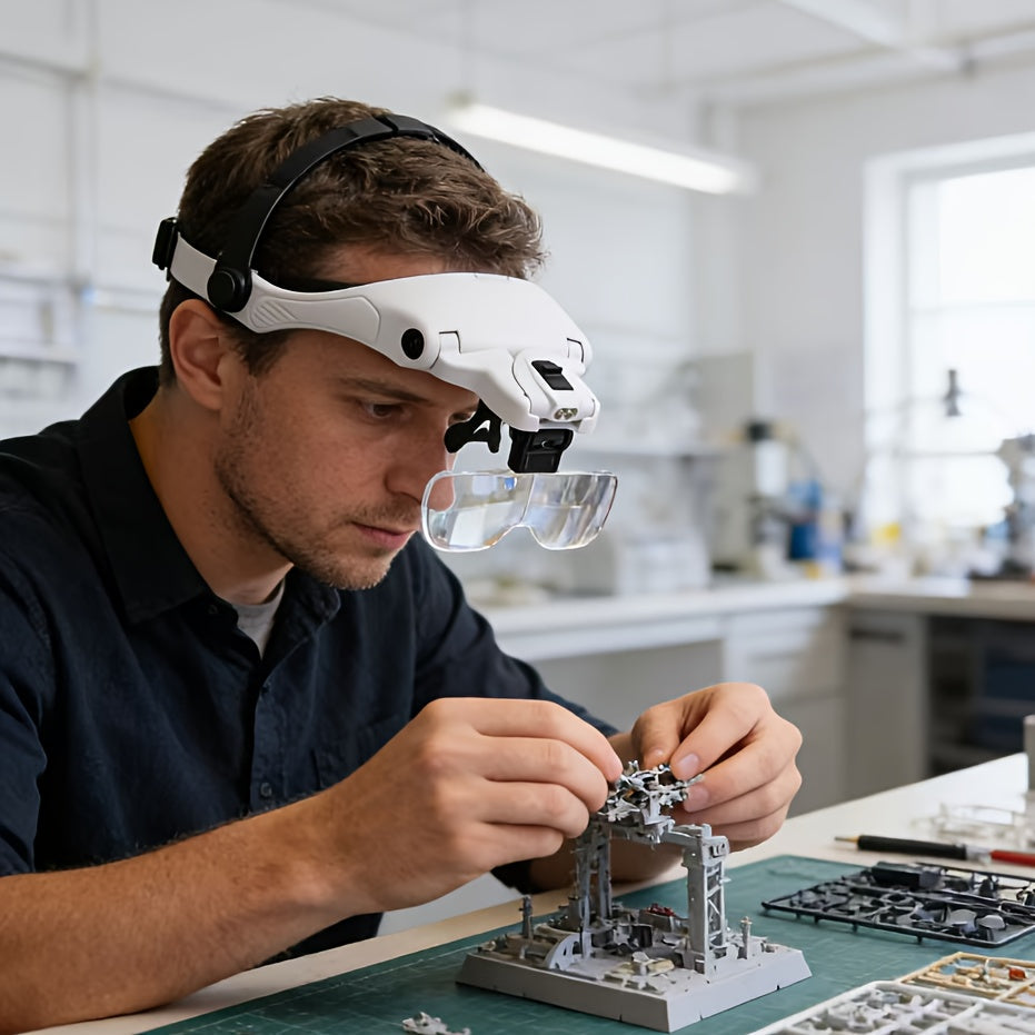 Loupe frontale avec éclairage LED, 5 lentilles interchangeables de 1,0X à 3,5X, casque grossissant à bandeau réglable pour la bijouterie, la réparation électronique, le modélisme, la lecture et les travaux de précision