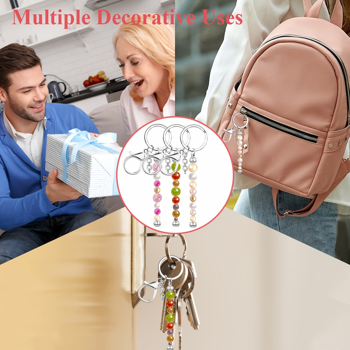 Kit de porte-clés à perler en acier inoxydable – 12 et 24 pièces, pendentifs en métal avec breloques pour loisirs créatifs, cadeaux de Noël et d'Halloween, doré, argenté et or rose