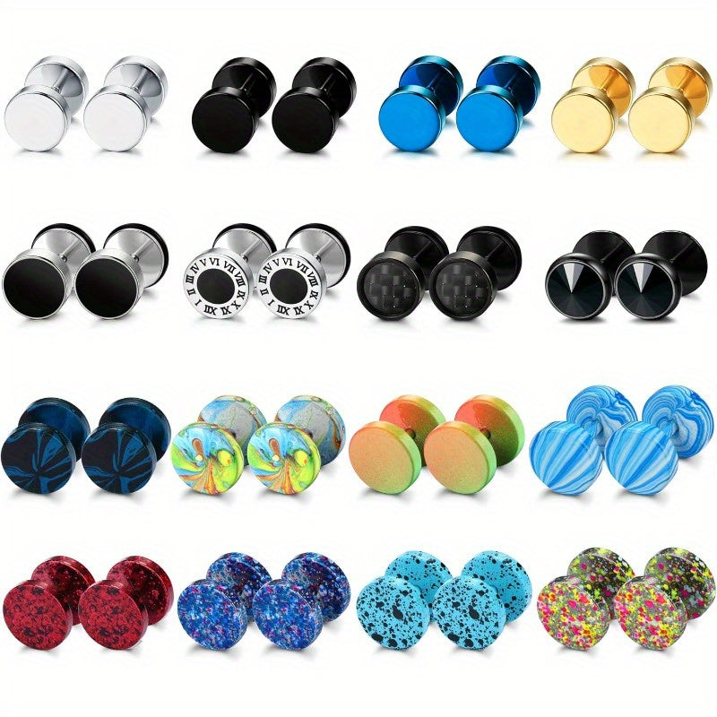 Lot de 16 fausses boucles d'oreilles écarteurs pour hommes et femmes – Clous d'oreilles style plug en acier inoxydable 316L, 8 mm, styles variés noirs et argentés, ensemble de boucles d'oreilles hypoallergéniques, idéal pour un cadeau