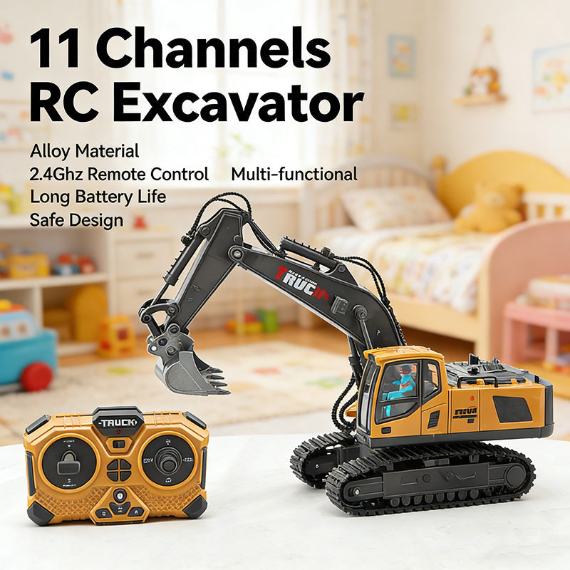 Ensemble de pelleteuse télécommandée avec pelle en métal, lumières LED, batterie 1200 mAh, camion de construction radiocommandé, bulldozer, camion à benne et chargeuse, cadeau d'anniversaire ou de Noël pour garçons à partir de 6 ans