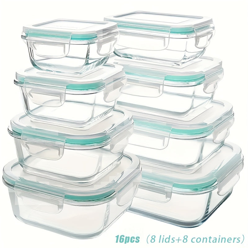 Lot de 8 récipients de conservation en verre avec couvercles – Boîtes de préparation de repas hermétiques en verre borosilicaté, compatibles four, micro-ondes et lave-vaisselle, rangement de cuisine empilable pour restes et déjeuners