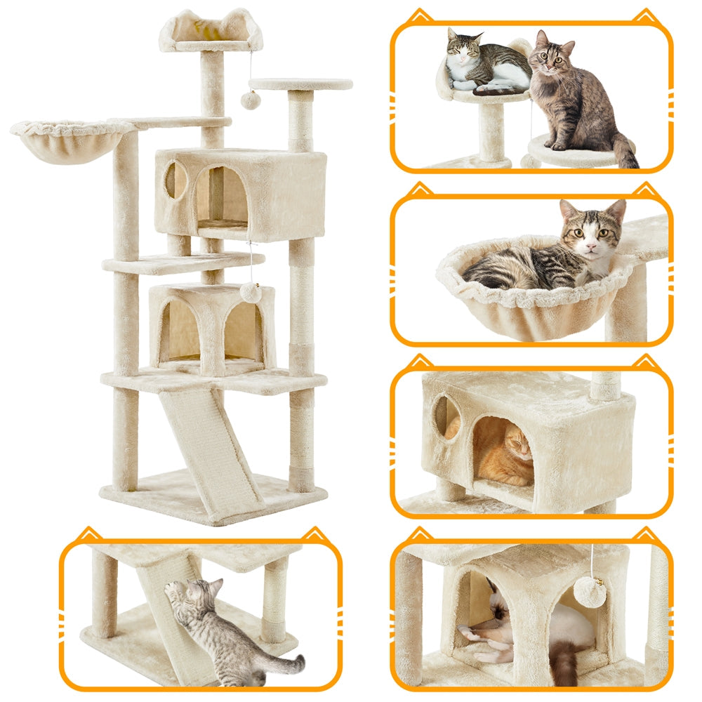 Arbre à chat multiniveaux de 145 cm avec 2 niches – poteaux à griffer en sisal, balle suspendue, plateforme ronde et échelle pour chatons et petits chats d'intérieur, 6 couleurs, cadeau de Noël pour les amoureux des chats