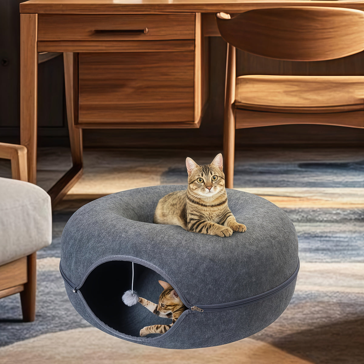 Lit tunnel pour chat, cachette d'intérieur - Tunnel pour chat en forme de beignet, pliable et utilisable en toute saison, avec ouverture pour chats d'intérieur, peluche douce, gris foncé et gris clair, disponible en 50 et 60 cm, cadeau idéal pour chat
