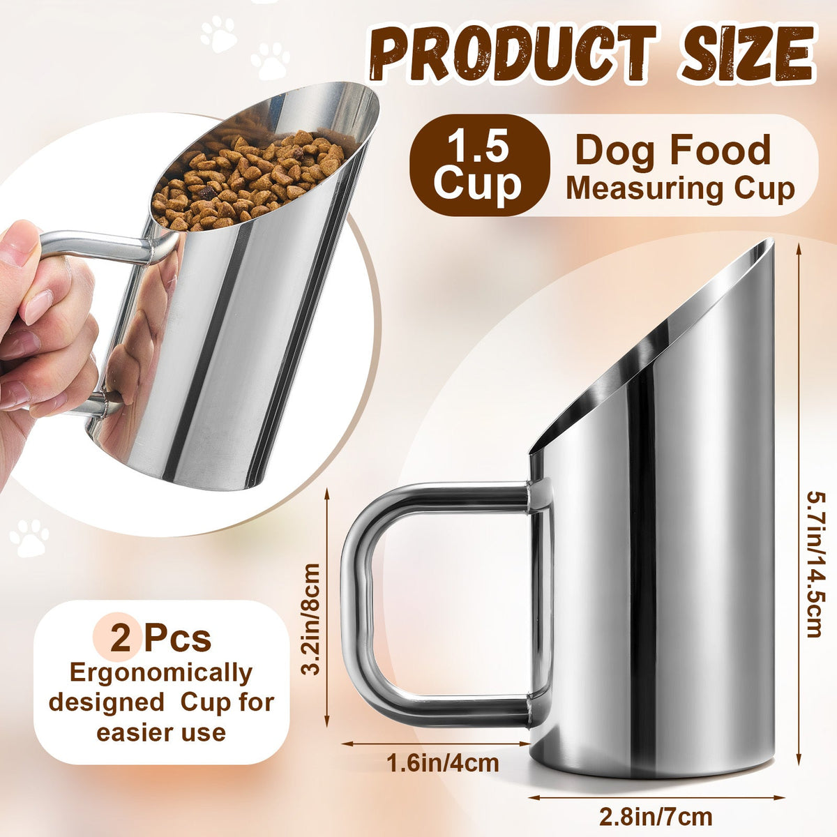 Set de 2 pelles à croquettes en acier inoxydable - Doseurs pour animaux de 45 ml et 355 ml durables avec poignée ergonomique antidérapante, résistants à la rouille et faciles à nettoyer pour croquettes et seaux de nourriture