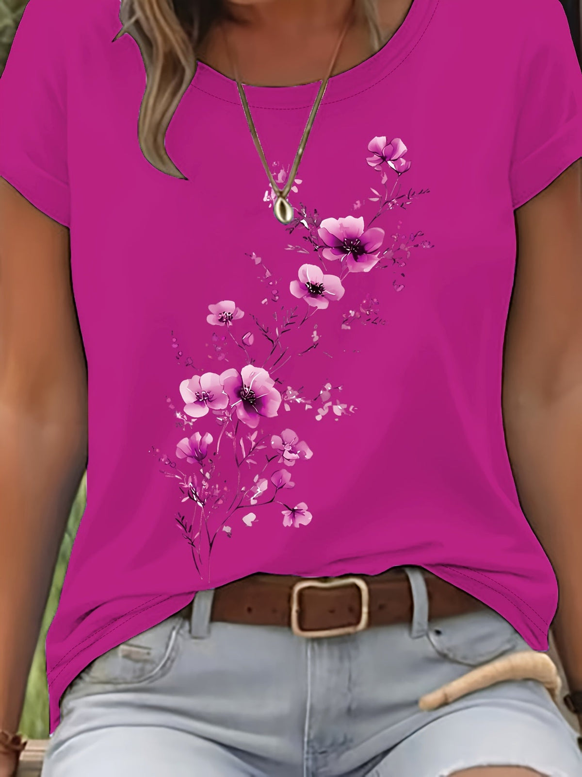 T-shirt pour femme à motif floral aquarelle – Haut décontracté élégant à col rond et manches courtes pour le printemps et l'été