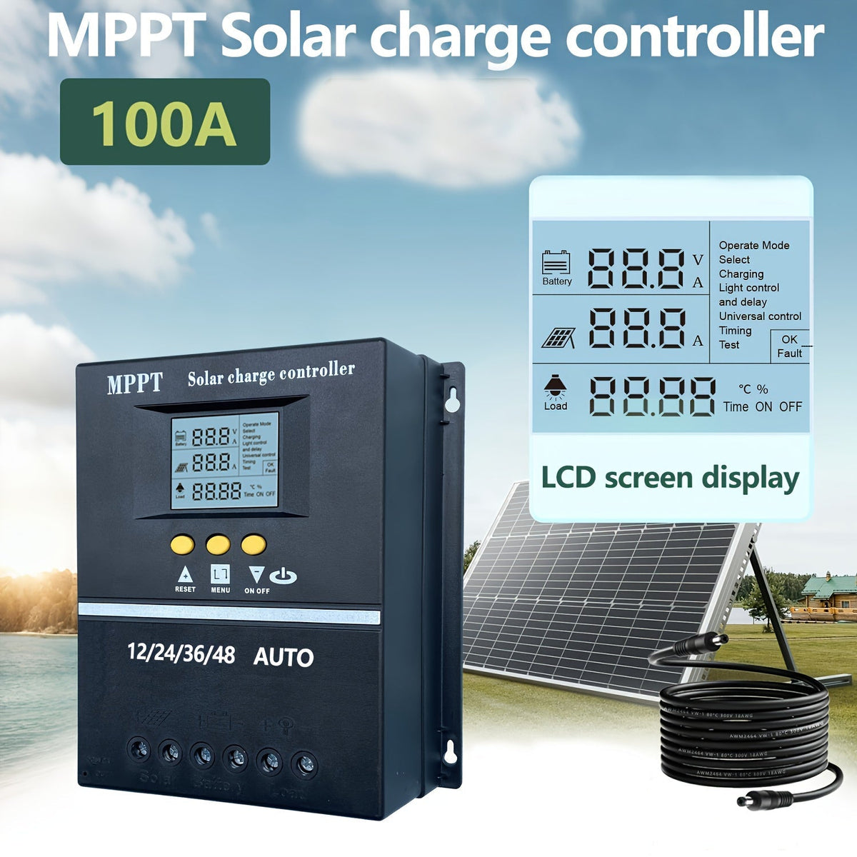 Contrôleur de charge solaire MPPT 100 A avec écran LCD et suivi automatique – Compatible avec les batteries au plomb, au lithium et LiFePO4, pour systèmes solaires hors réseau, camping-cars, bateaux et maisons