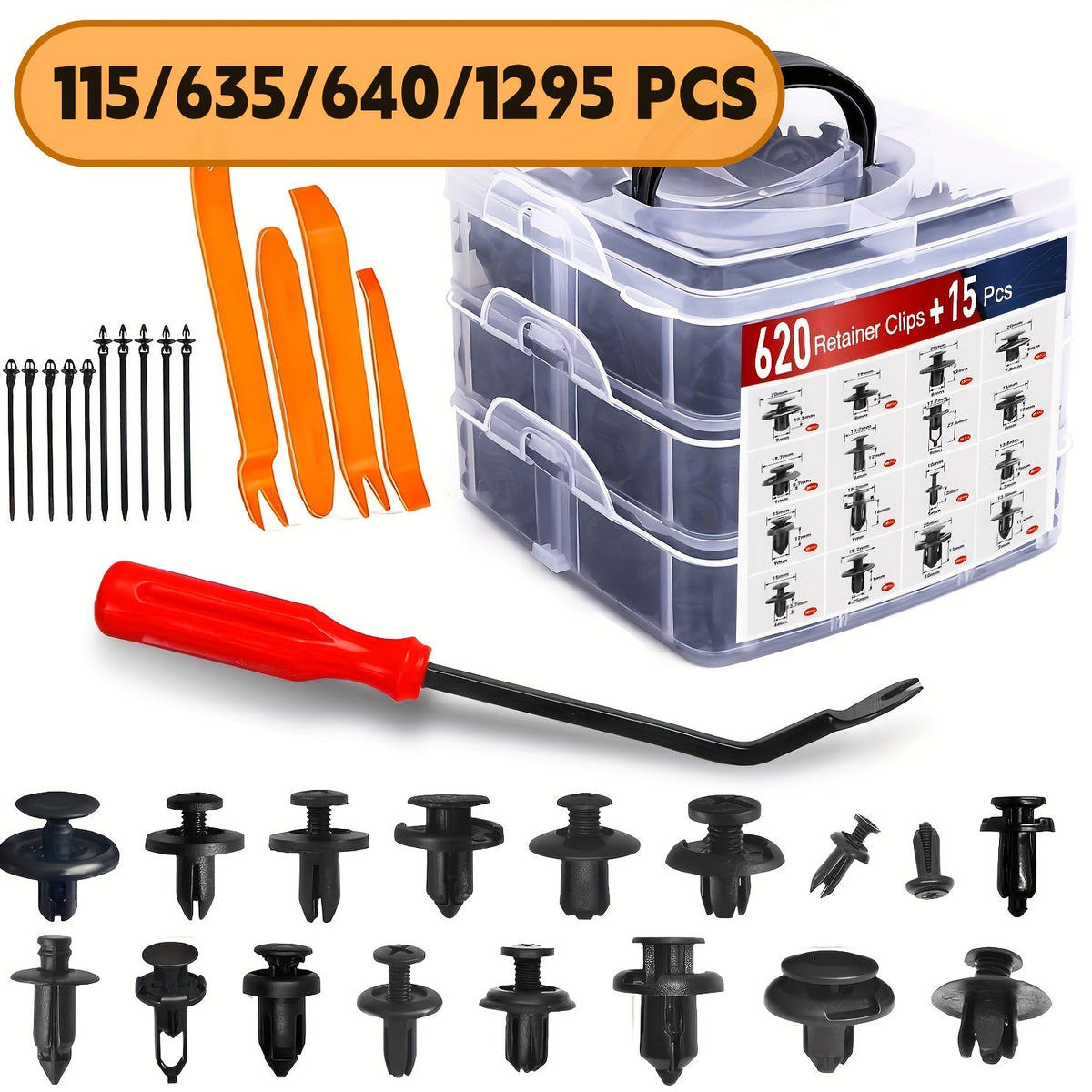 Kit d'assortiment de clips de fixation pour voiture 115/635/640/1290 pièces - 16 tailles de rivets en nylon pour pare-chocs et garde-boue, fixations automobiles avec serre-câbles et outil de démontage