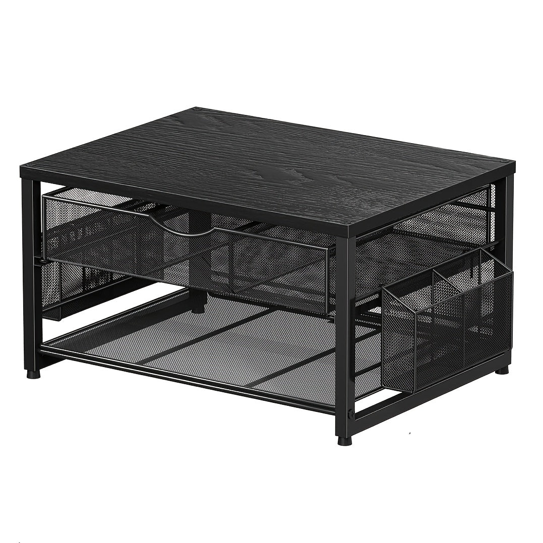 Support d'imprimante en métal pour bureau avec tiroir de rangement et 2 porte-stylos – Organisateur de bureau à 2 niveaux pour bureau à domicile, table d'imprimante polyvalente pour télécopieur, scanner et dossiers, bois et noir