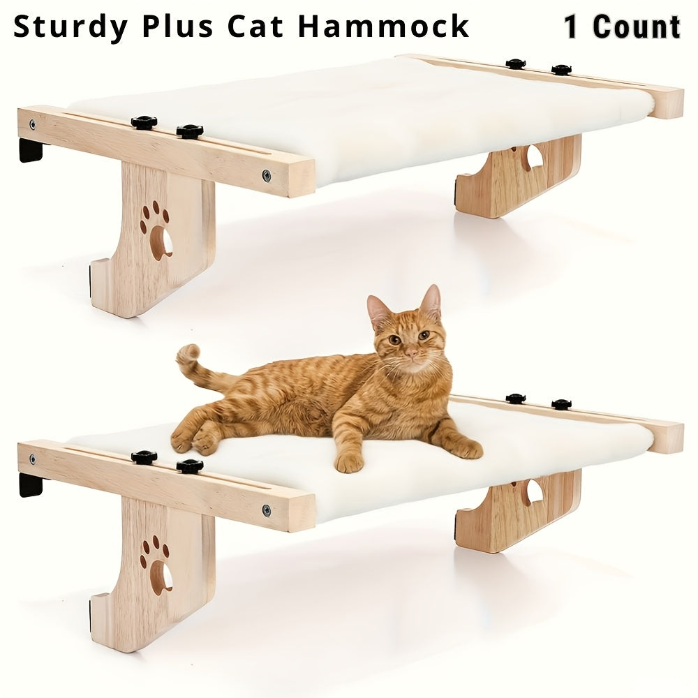 Perchoir et hamac pour chat en bois haut de gamme – Robuste, supporte jusqu'à 18 kg, fixation multi-emplacement pour fenêtre, mur et placard, plateforme extra-large avec coussin moelleux, sans danger pour les grands chats