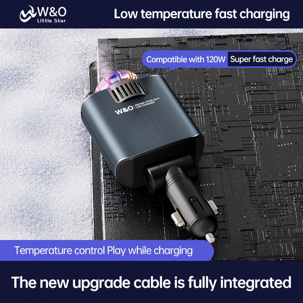 Chargeur de voiture rétractable 3-en-1 avec projecteur d'étoiles et aromathérapie – Câble USB-C à charge rapide de 80 cm pour iPhone 16 17 et Galaxy S25 S26, chargeur de téléphone pour voiture avec éclairage d'ambiance (parfum vendu séparément)