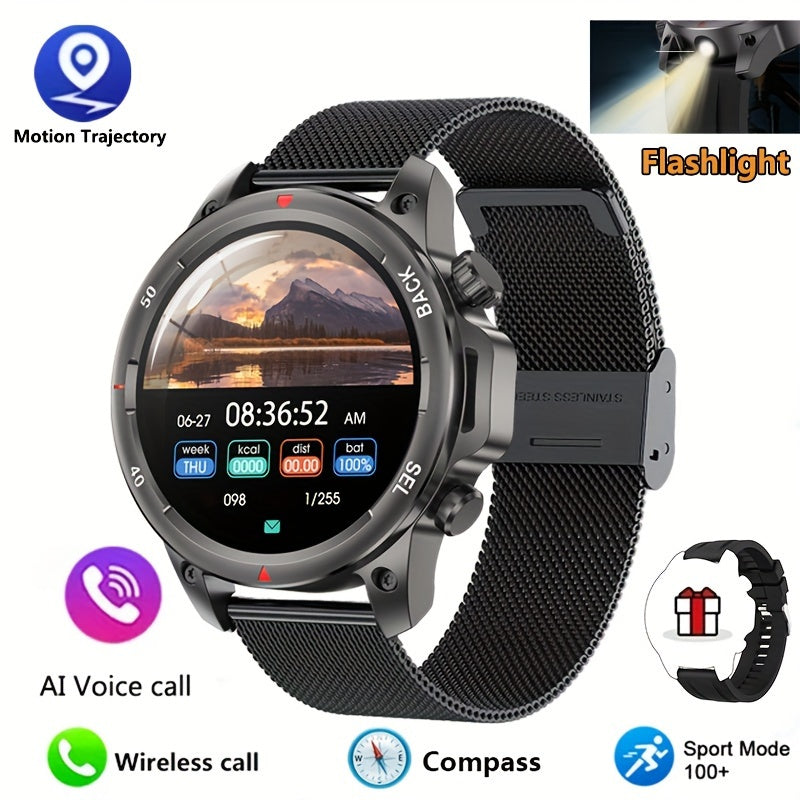 Montre connectée GPS pour homme – Écran HD 360×360, commande vocale IA, appels sans fil, NFC, boussole, éclairage LED, suivi de trajectoire, tracker de fitness pour sports de plein air, cadeau pour la fête des Pères
