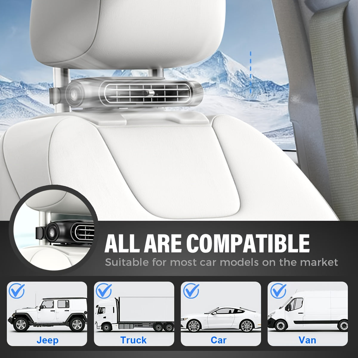 Ventilateur de voiture USB sans pales à 3 vitesses, refroidissement silencieux – Ventilateur de siège plug-and-play avec câble USB, restez au frais dans les embouteillages, ajustement universel pour tous les modèles de voiture, blanc et noir