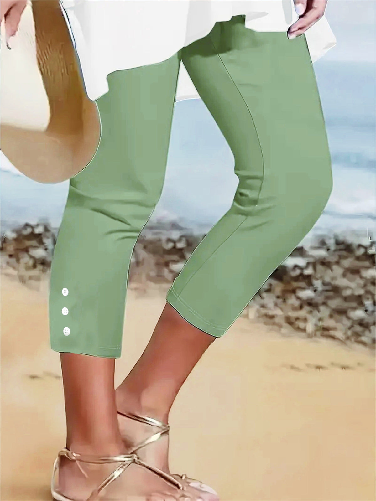 Women's Capri Pants Solid Color Stretchy Button-Front Elastic Waist Three-Quarter Length Trousers Casual Dressy Spring Summer Machine Washable S M L XL XXL